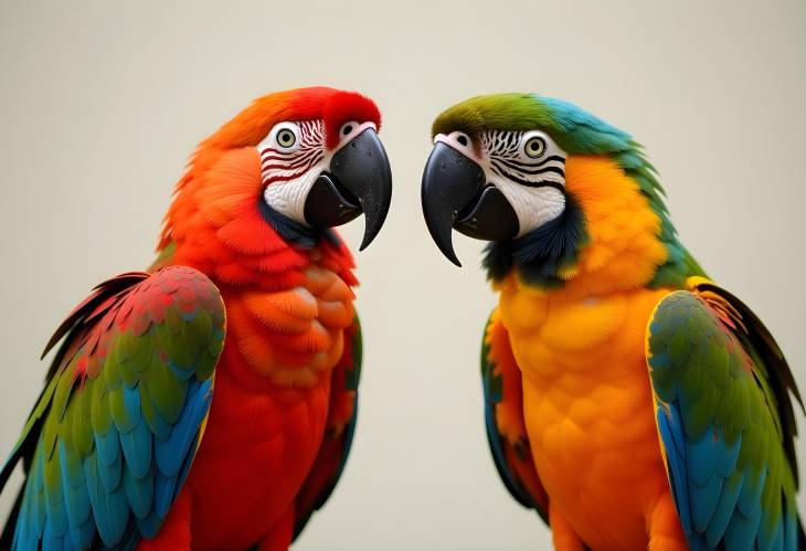 Colorful Parrots with Magnificent Plumage Sitting Opposite Each Other